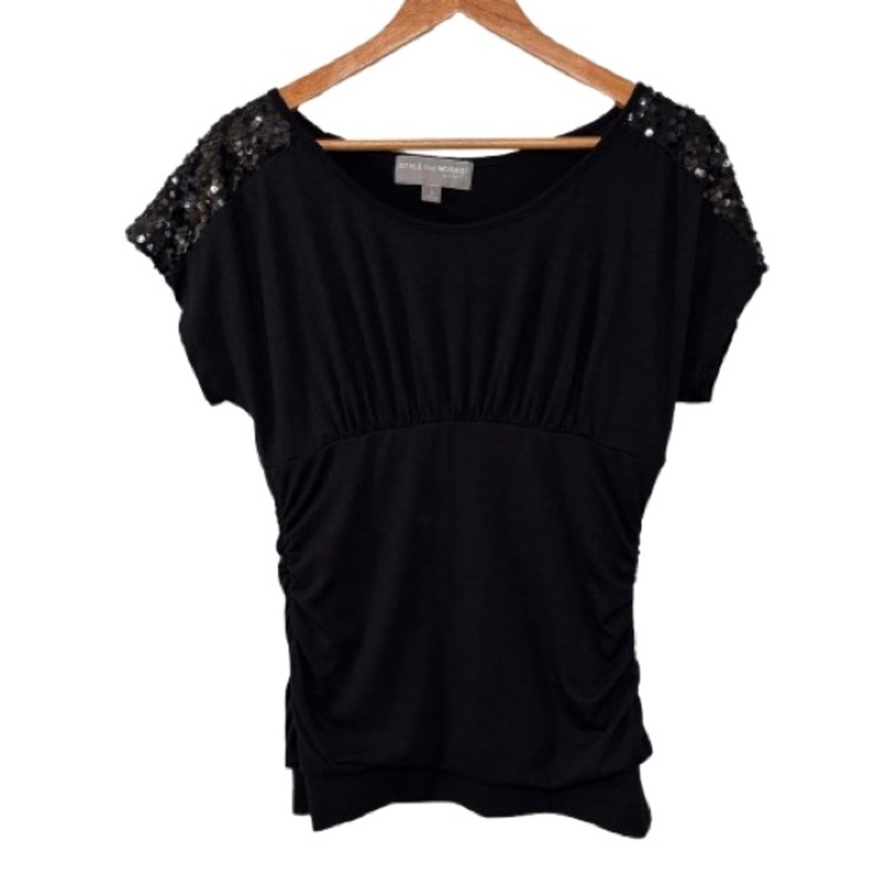 Vanity Y2K Black Sequin Shoulder Scoop Neck Rouched Top Size S
